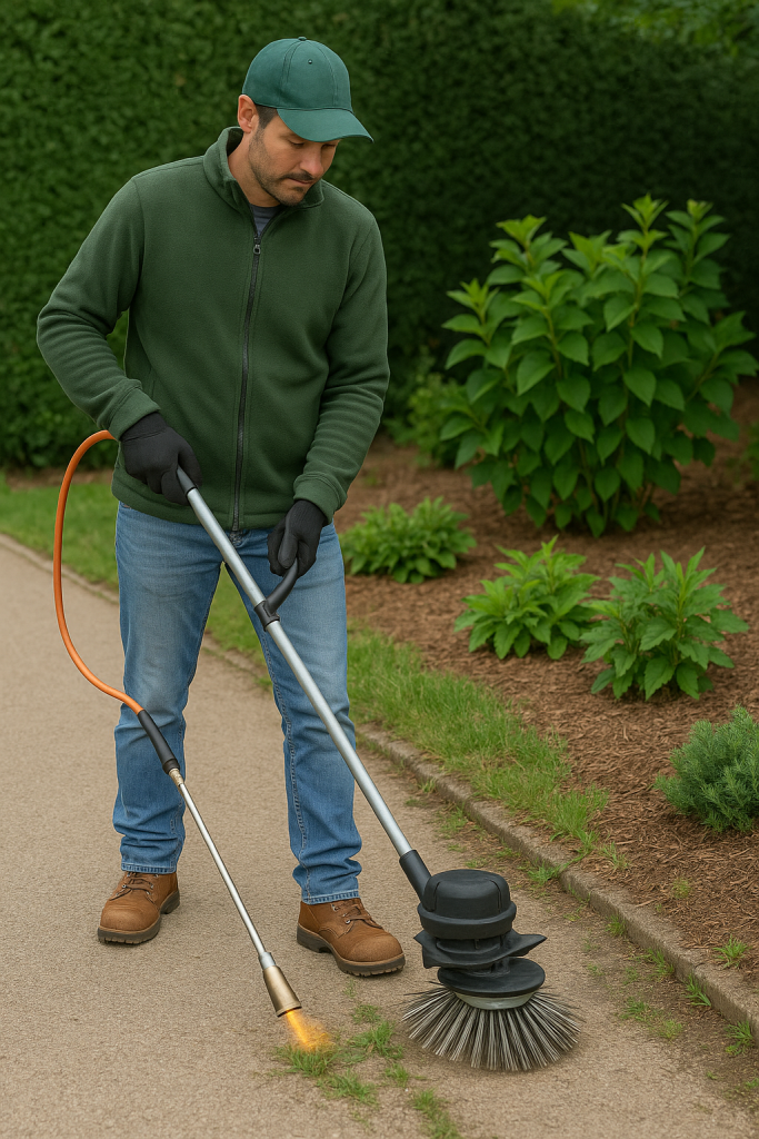 Ogrodnik używający szczotki mechanicznej i odchwaszczacza termicznego do pielęgnacji alejki, bez chemii, ze ściółkowaniem widocznym na rabatach.