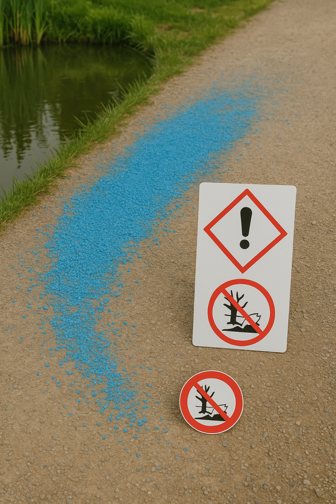 Siarczan miedzi rozsypany na mineralnej alejce z piktogramami zagrożeń i strefą buforową przy punkcie wodnym, ilustrujący ryzyko spływu powierzchniowego.