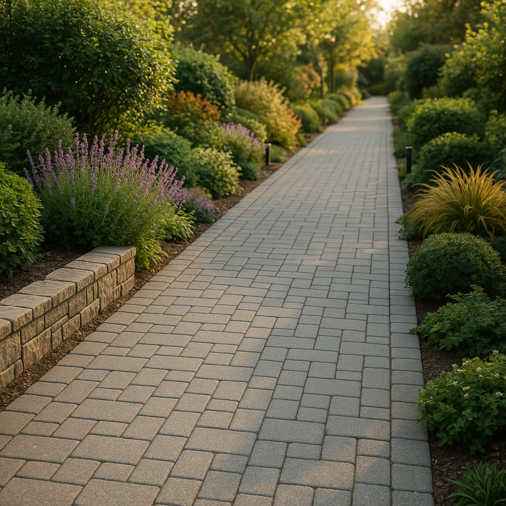 All&eacute;e en pav&eacute;s autobloquants grise en perspective, entour&eacute;e de bordures v&eacute;g&eacute;tales