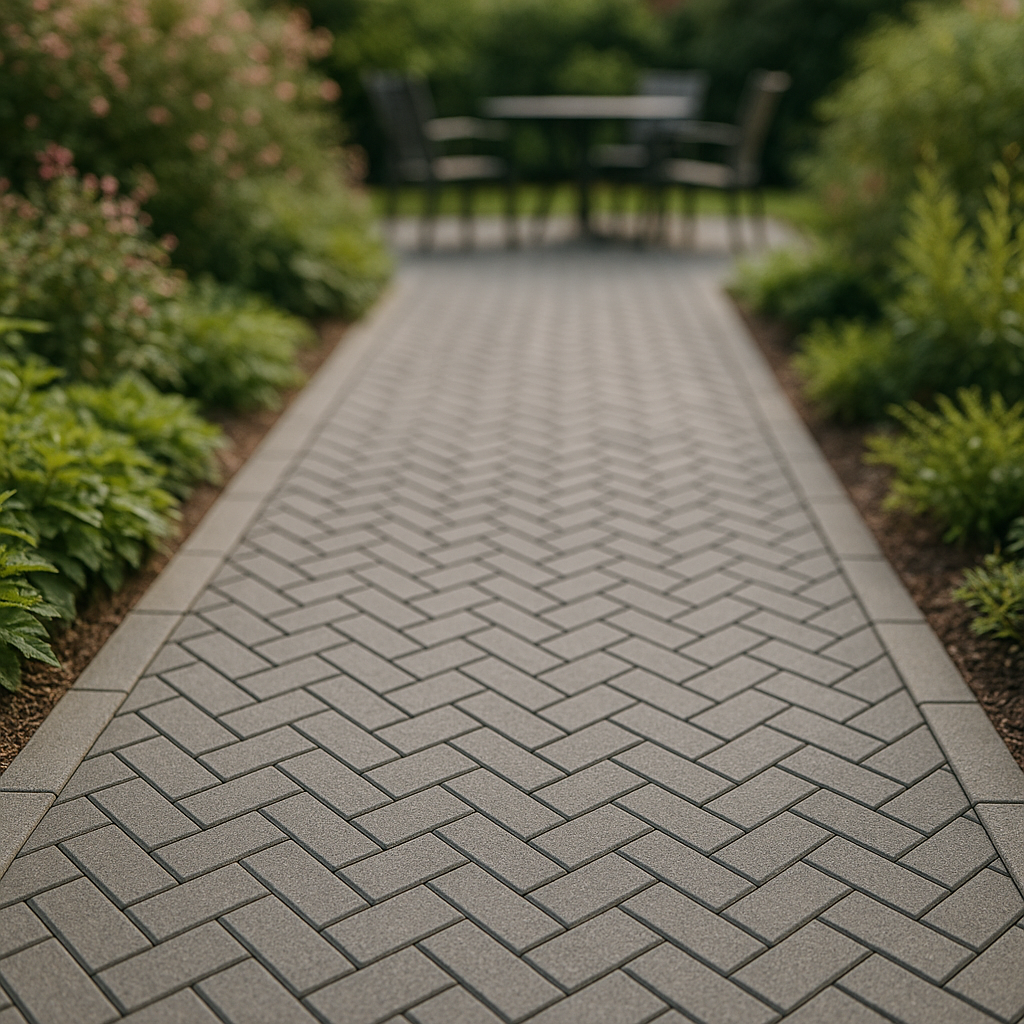 All&eacute;e en pav&eacute;s autobloquants termin&eacute;e, motif en chevrons et bordures v&eacute;g&eacute;talis&eacute;es