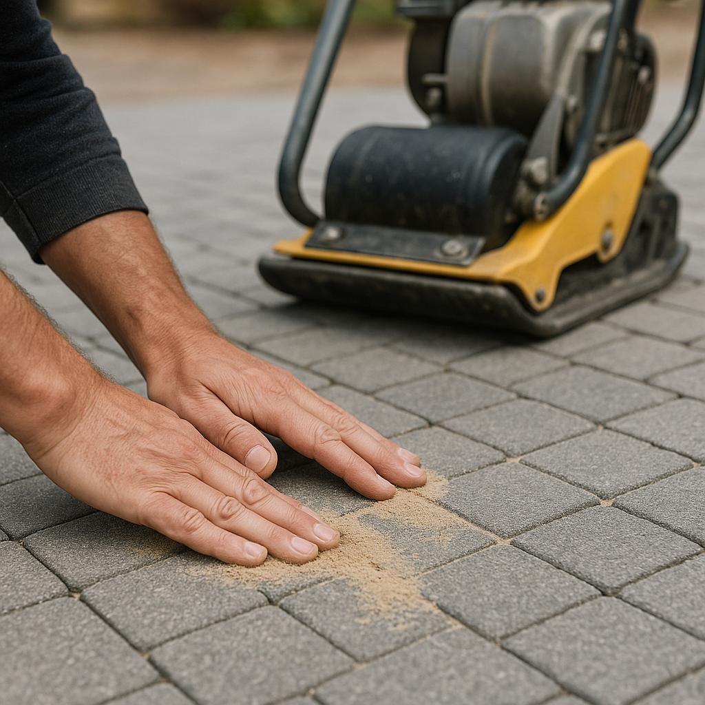 Balayage des joints et compactage final des pav&eacute;s