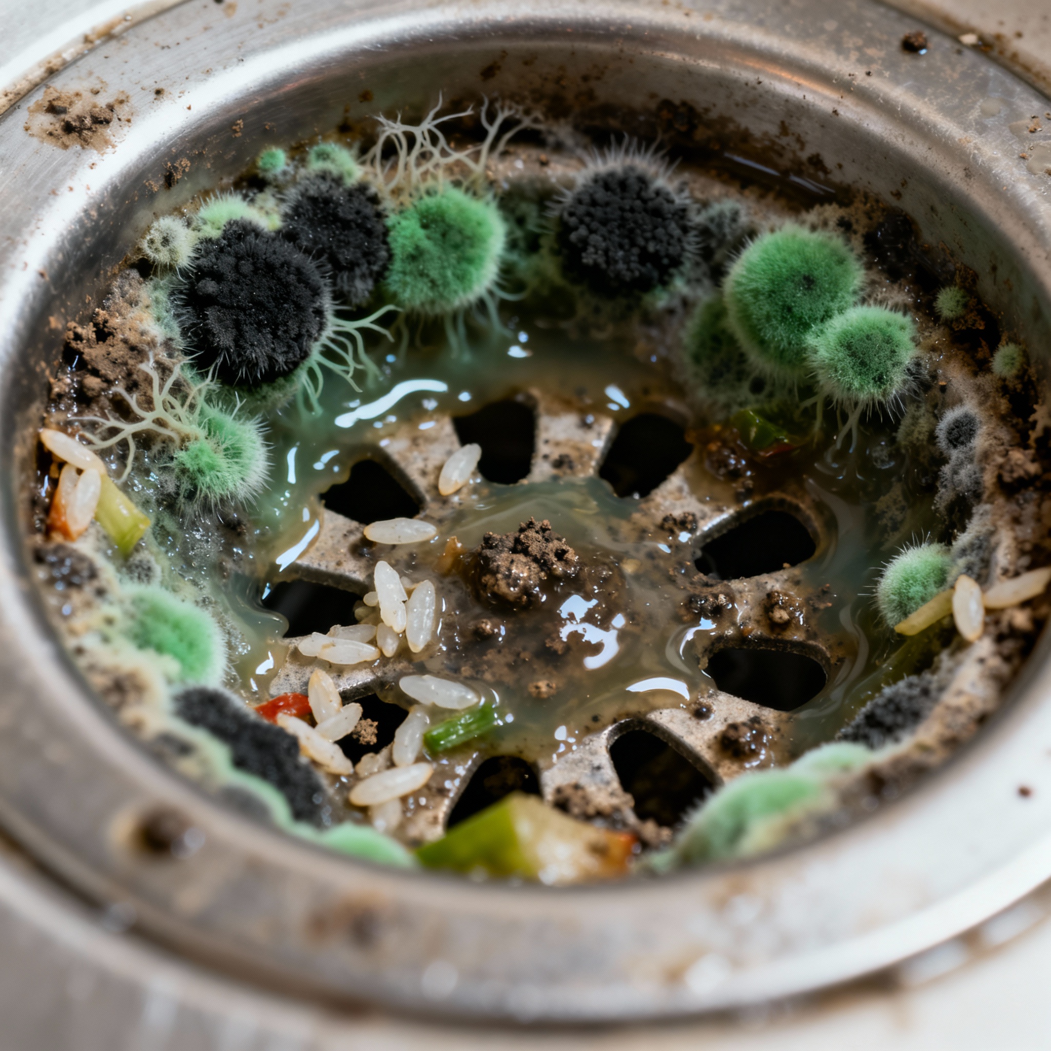 Spülrohre mit schwarzen Schimmelablagerungen und Biofilmansammlung