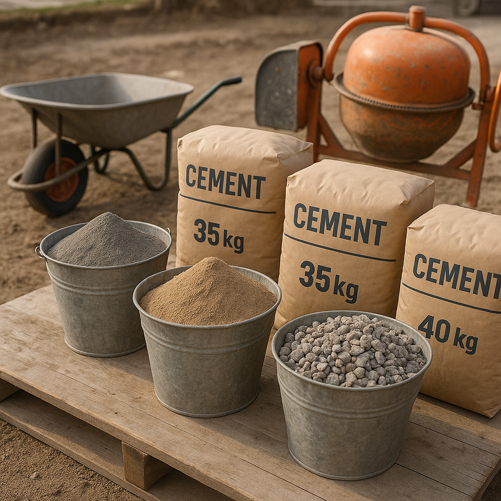 Dosage b&eacute;ton sacs 25 35 40 kg - tableau et m&eacute;lange en brouette