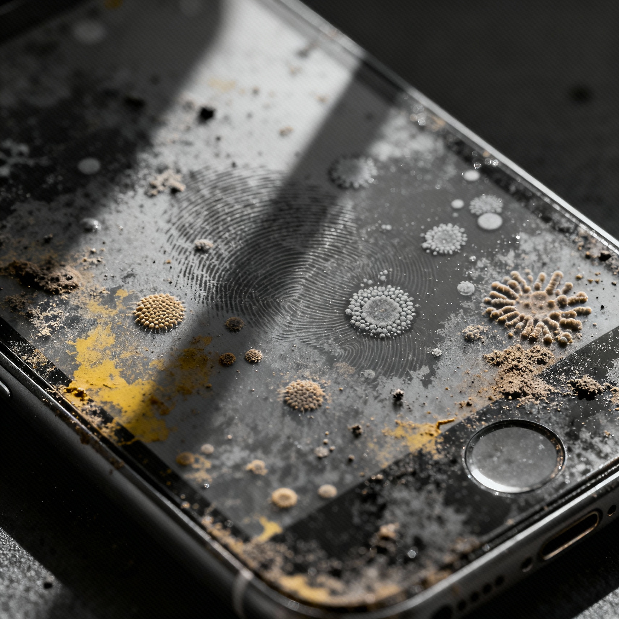 Smartphone-Bildschirm mit Fingerabdrücken, Staub und sichtbarem bakteriellen Biofilm
