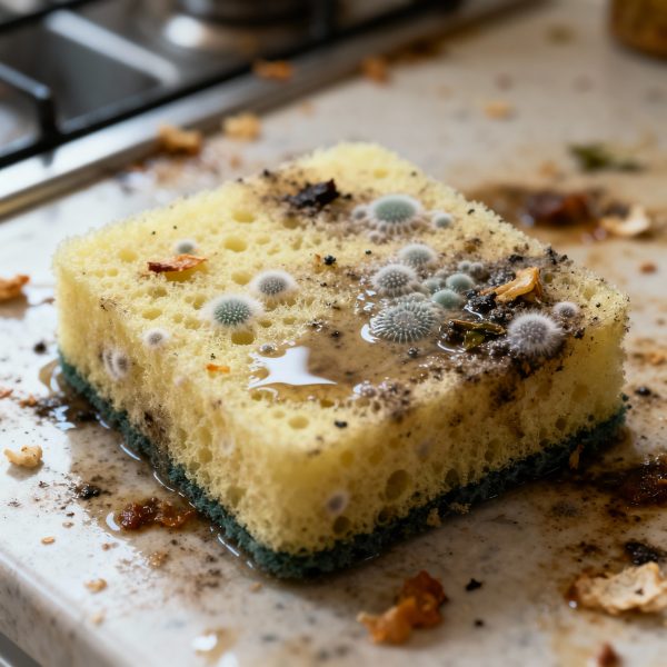 Éponge de cuisine couverte de débris alimentaires et colonies bactériennes microscopiques