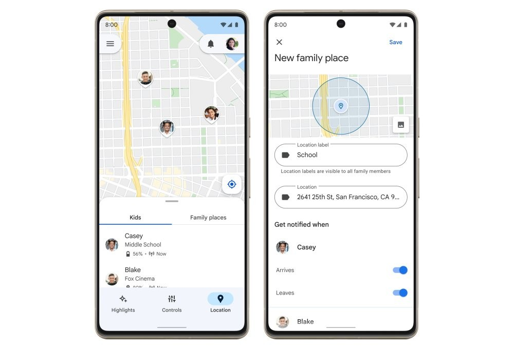 Interfejs Family Link pokazujący śledzenie lokalizacji i zarządzanie czasem ekranowym