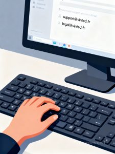Main dactylographiant email adresse support Vinted clavier ordinateur écran affichage adresses support@vinted.fr legal@vinted.fr