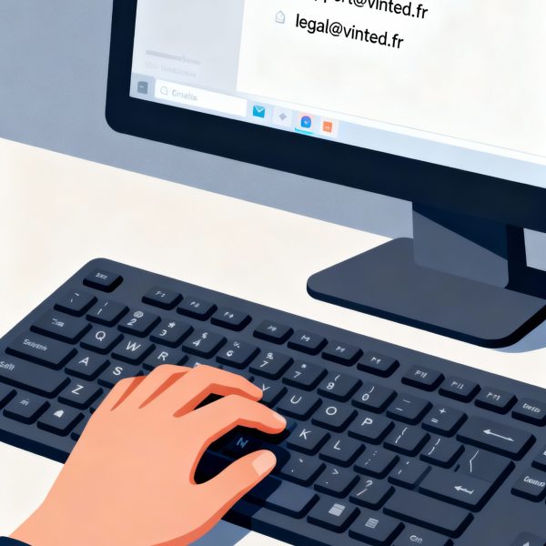 Main dactylographiant email adresse support Vinted clavier ordinateur écran affichage adresses support@vinted.fr legal@vinted.fr