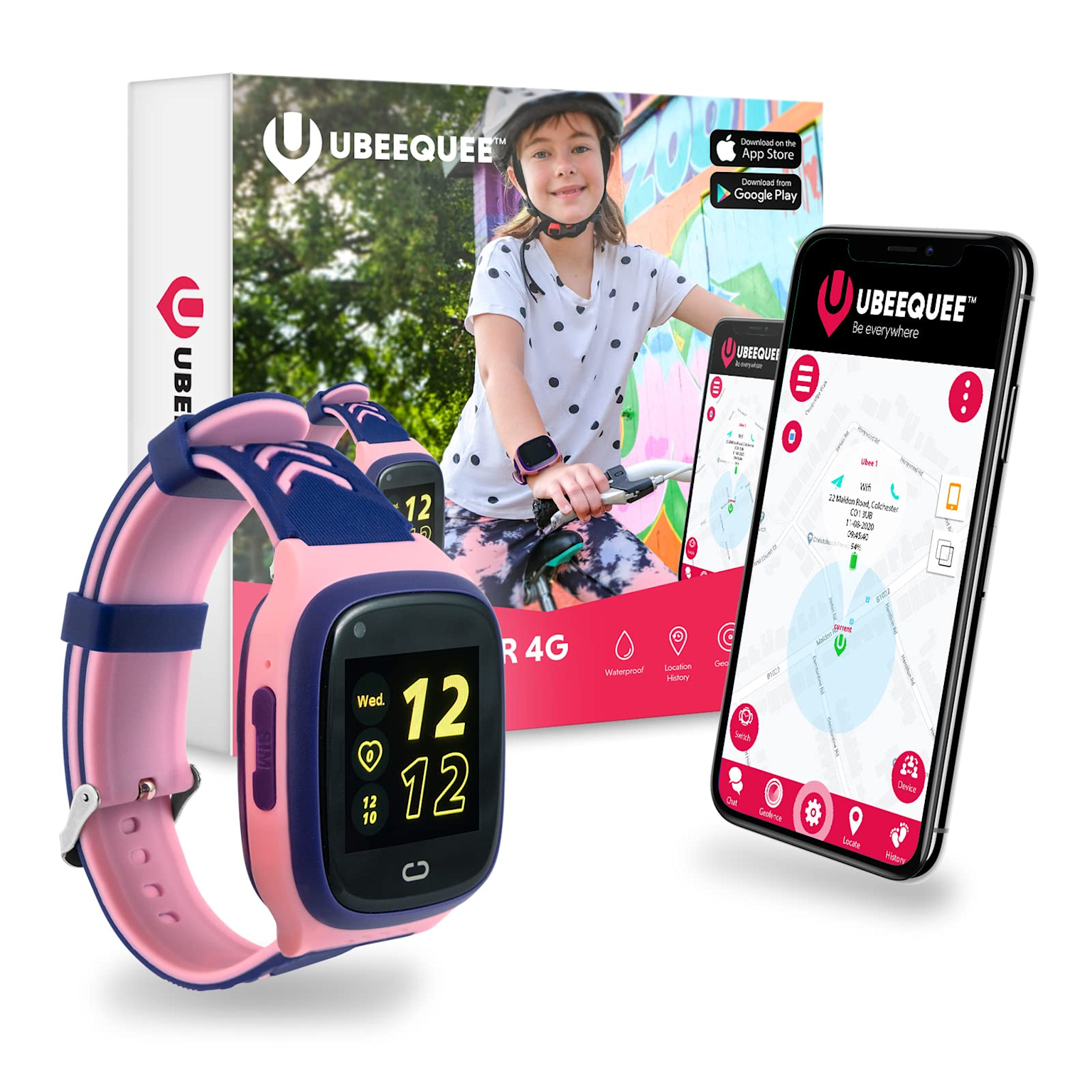 Różowo-niebieski zegarek GPS dla dziecka z aplikacją śledzącą na smartfonie