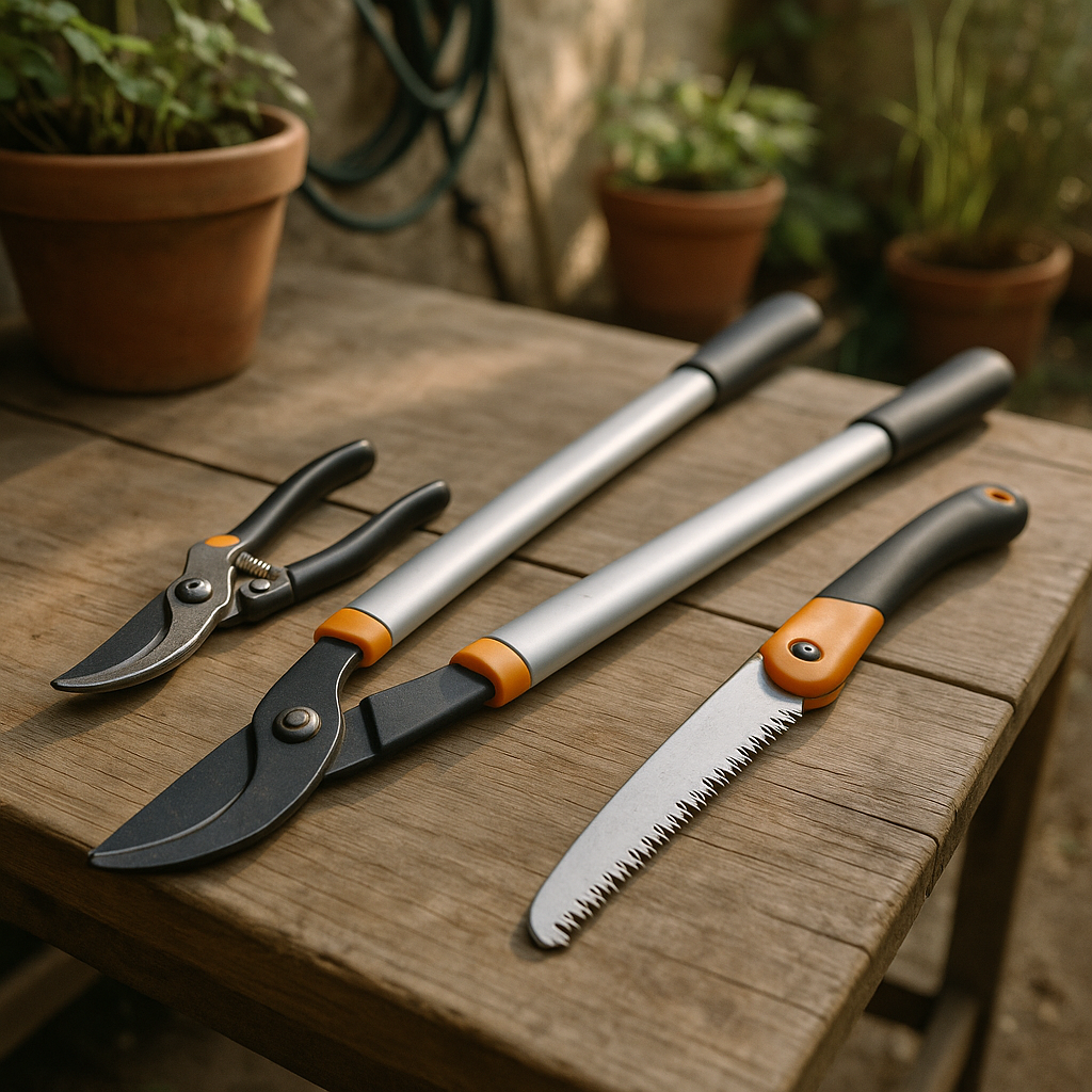 Schere, Astschere und Säge auf einem Gartentisch liegend