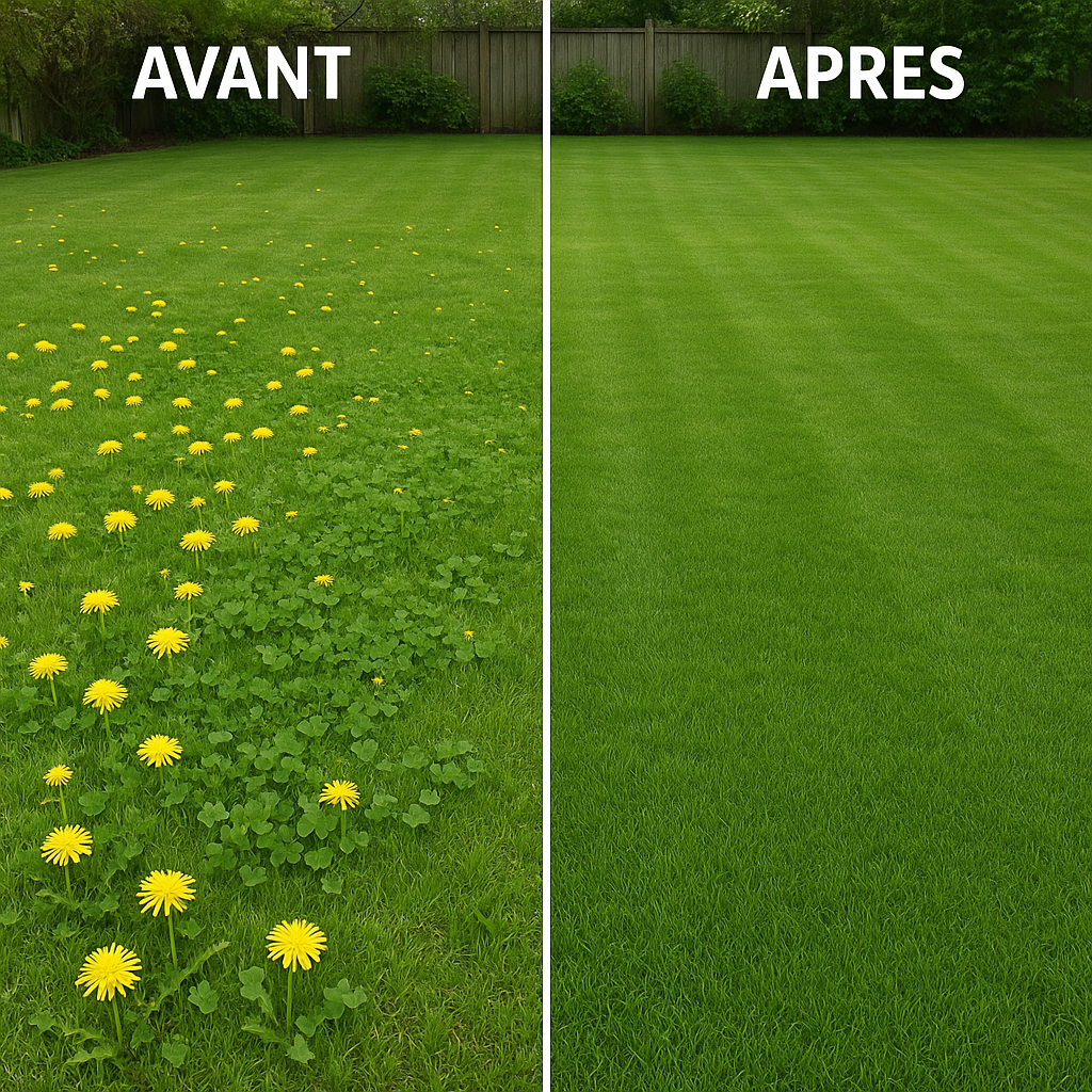 Rasen vor/nach einer selektiven Behandlung gegen zweikeimblättrige Unkräuter im Frühling, die Löwenzahn und Klee entfernt, ohne den Rasen zu beschädigen