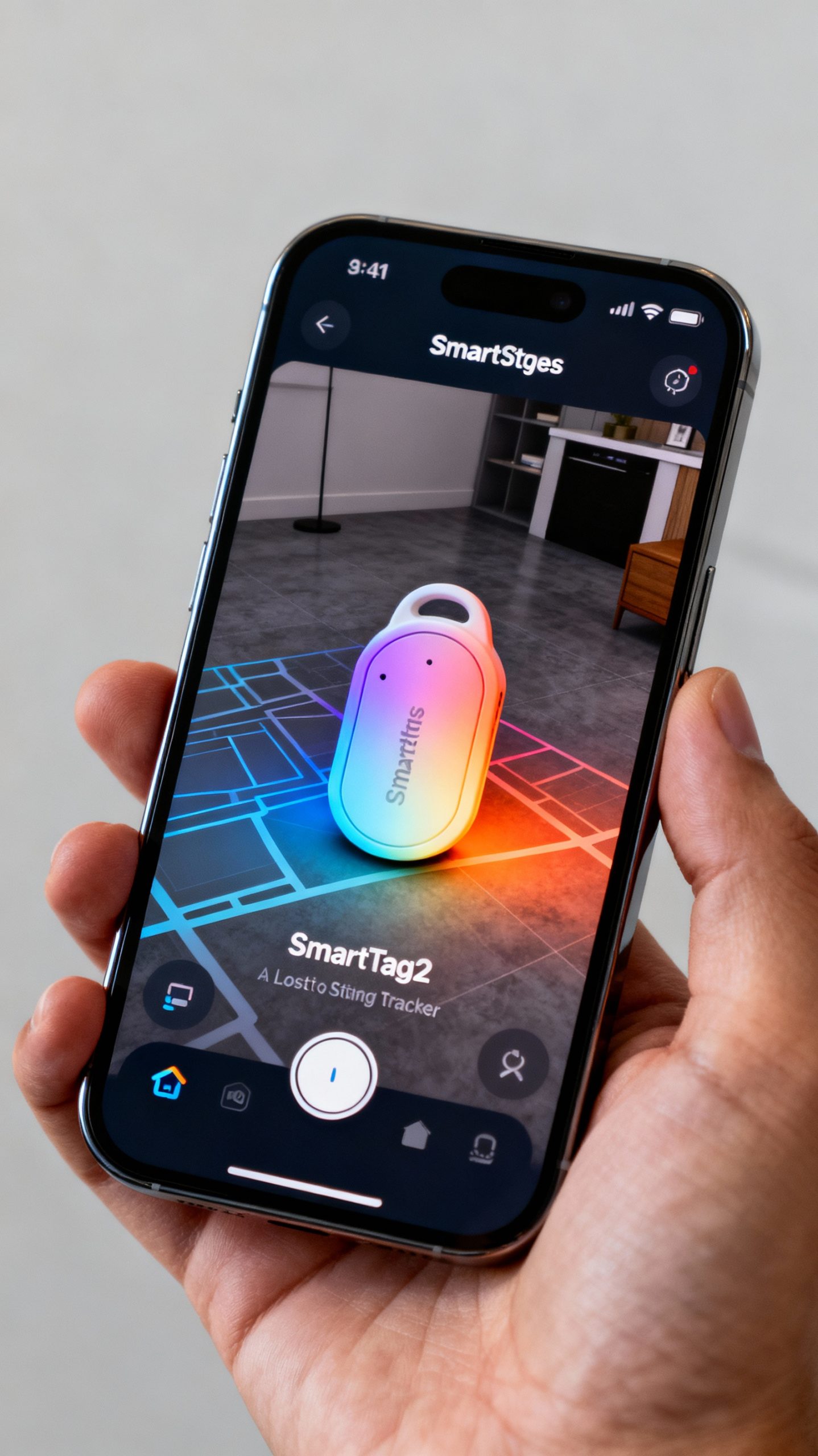 Osoba trzyma smartfon z interfejsem aplikacji SmartThings pokazującą rzeczywistość rozszerzoną do lokalizacji SmartTag2, ekran pokazuje wizualizację gradientu kolorów zbliżającą się do trackera