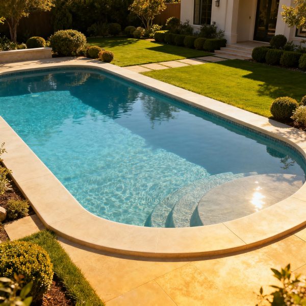 Piscine béton luxe enterrée terrasse aménagée jardin haut de gamme