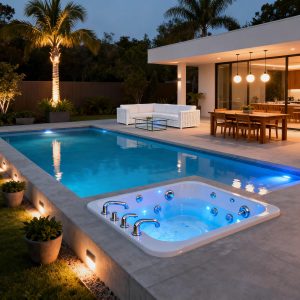 Piscine jardin options supplémentaires spa jets éclairage luxe