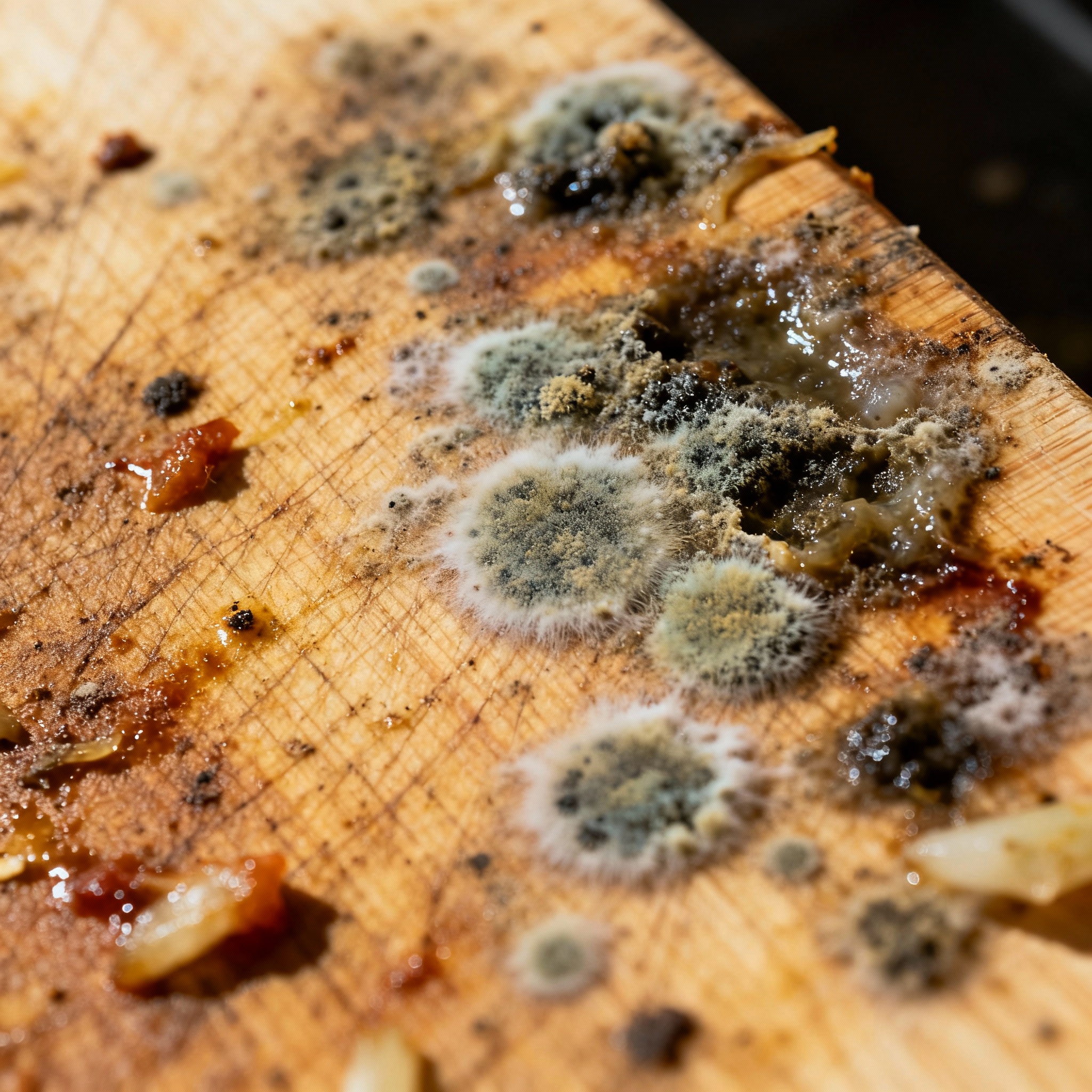 Schneidebrett mit Flecken von Speiseresten, Verfärbungen und Schimmel