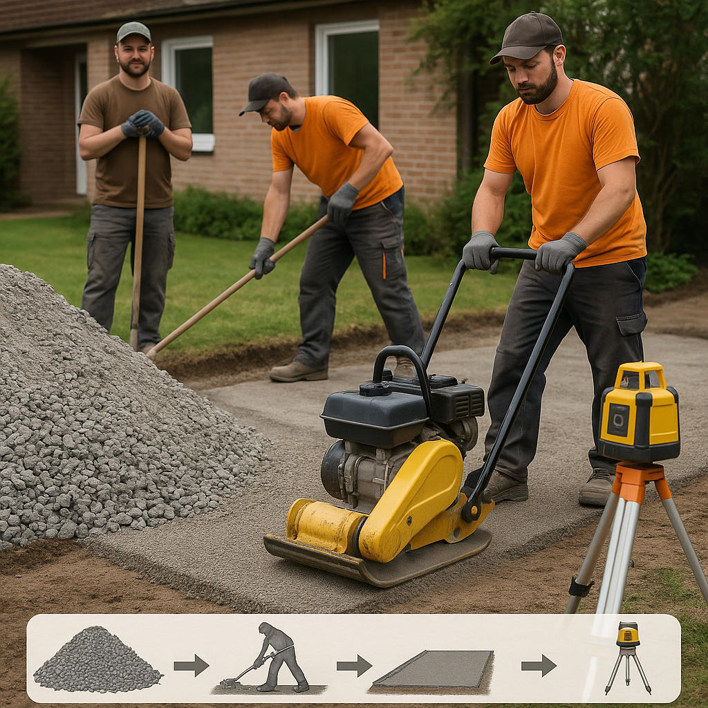 Pose de la couche de base granulaire et compactage &agrave; la plaque vibrante