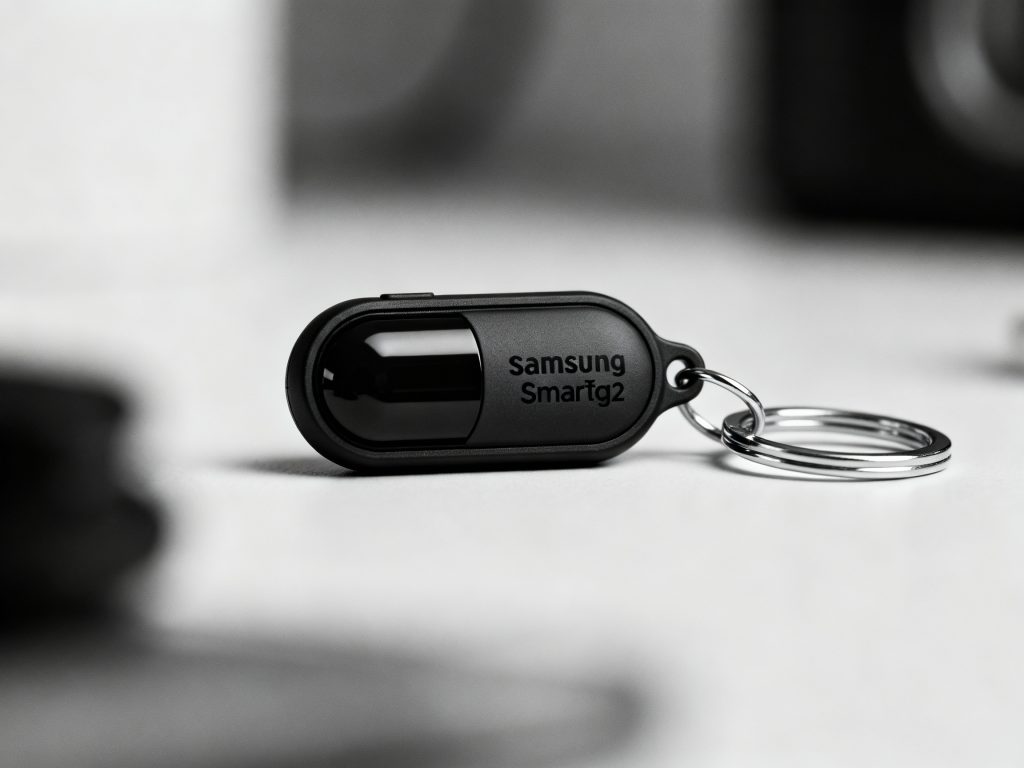 Samsung Galaxy SmartTag2 czarno-biały z metalowym pierścieniem przymocowany do breloczka, szczegółowe zbliżenie