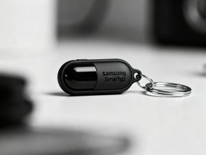 Samsung Galaxy SmartTag2 noir et blanc avec anneau métallique attaché au porte-clés, gros plan détaillé