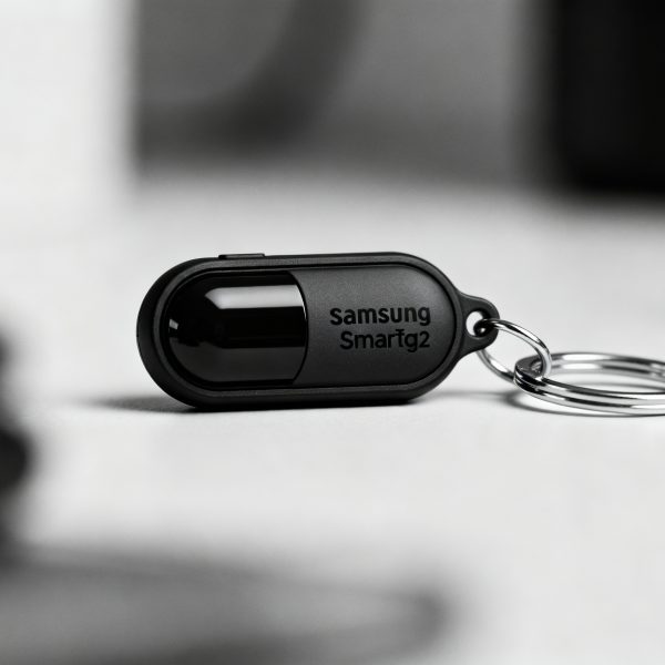 Samsung Galaxy SmartTag2 noir et blanc avec anneau métallique attaché au porte-clés, gros plan détaillé