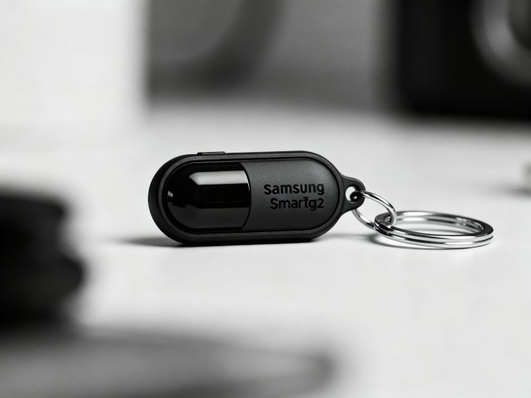 Samsung Galaxy SmartTag2 noir et blanc avec anneau métallique attaché au porte-clés, gros plan détaillé