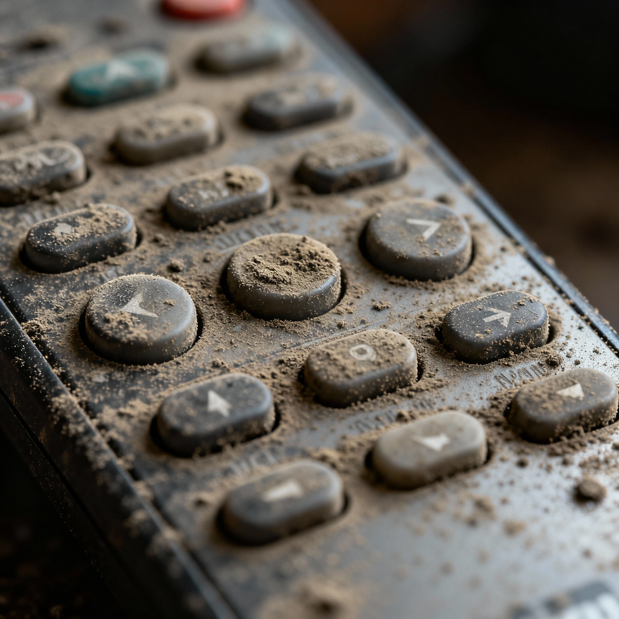 Verschmutzte Fernbedienung mit Staub- und Fettansammlungen auf den Tasten