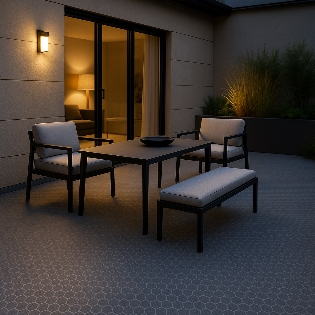 Terrasse en r&eacute;sine moderne couleur grise avec finition antid&eacute;rapante et liser&eacute; d&eacute;coratif