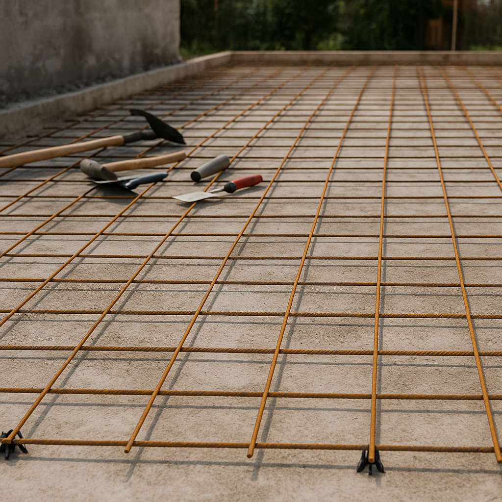 Verlegung eines geschweißten ST25-Gitters auf Betonplatte, Unterlagen und Überlappungen sichtbar