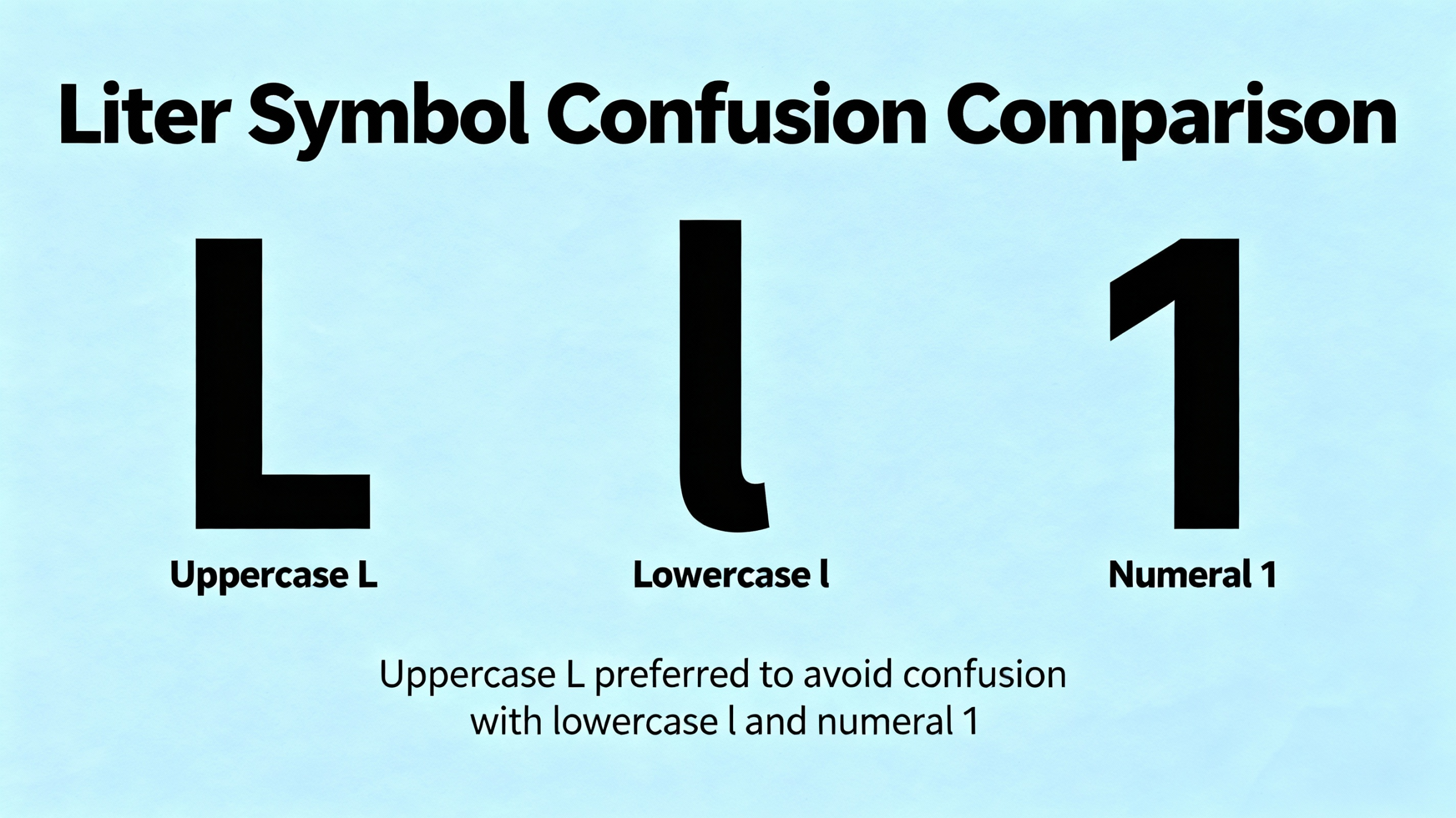 Porównanie typograficzne pokazujące wizualne zamieszanie między wielką literą L, małą literą l i cyfrą 1 w różnych krojach pisma: powód zmiany symbolu litra