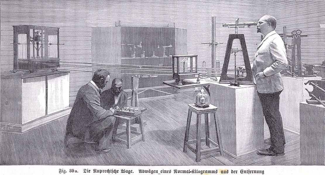 Gravure historique d’une pesée d’un kilogramme normal avec une balance de haute précision