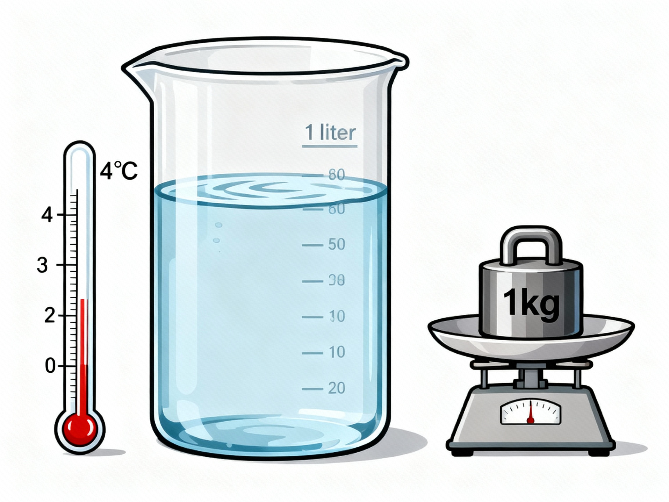 Ilustracja naukowa pokazująca 1 kilogram czystej wody dokładnie wypełniający 1 litr przy 4°C: demonstracja związku litr-kilogram w systemie metrycznym