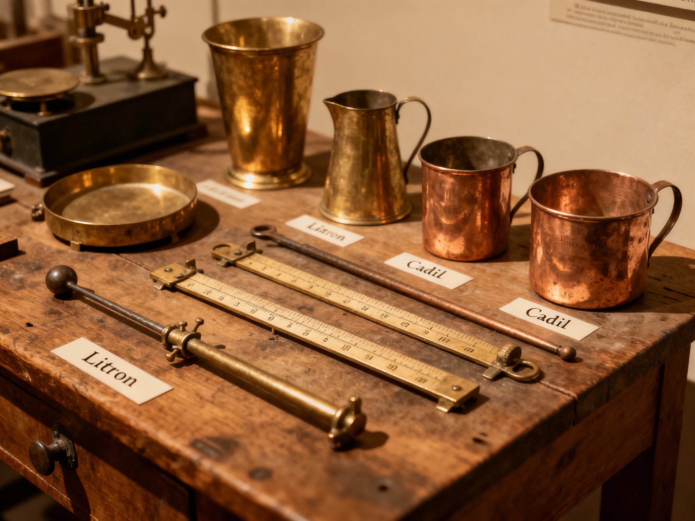 Historyczne instrumenty naukowe rewolucyjnego systemu metrycznego: stare miary z mosiądzu, miedzi i stali służące do unifikacji francuskich miar