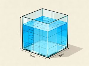 Représentation géométrique du litre comme décimètre cube : cube de 10 centimètres rempli d'eau pure démontrant l'équivalence volume et mesure