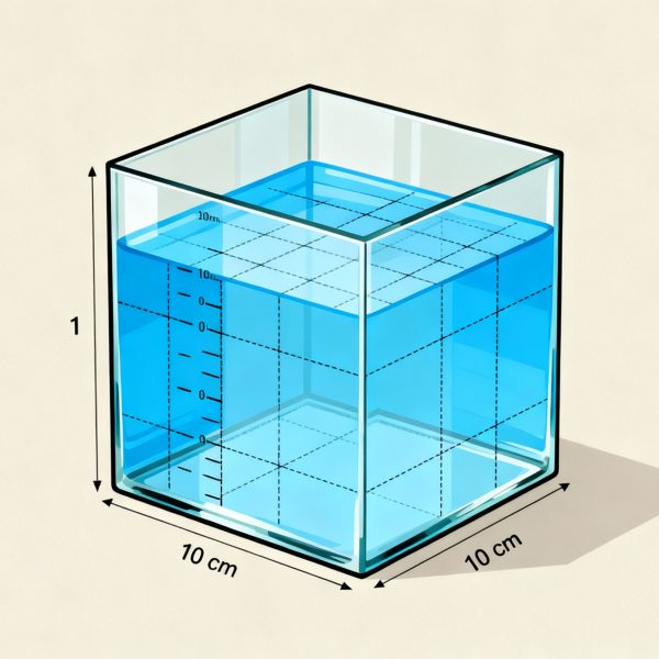 Représentation géométrique du litre comme décimètre cube : cube de 10 centimètres rempli d'eau pure démontrant l'équivalence volume et mesure
