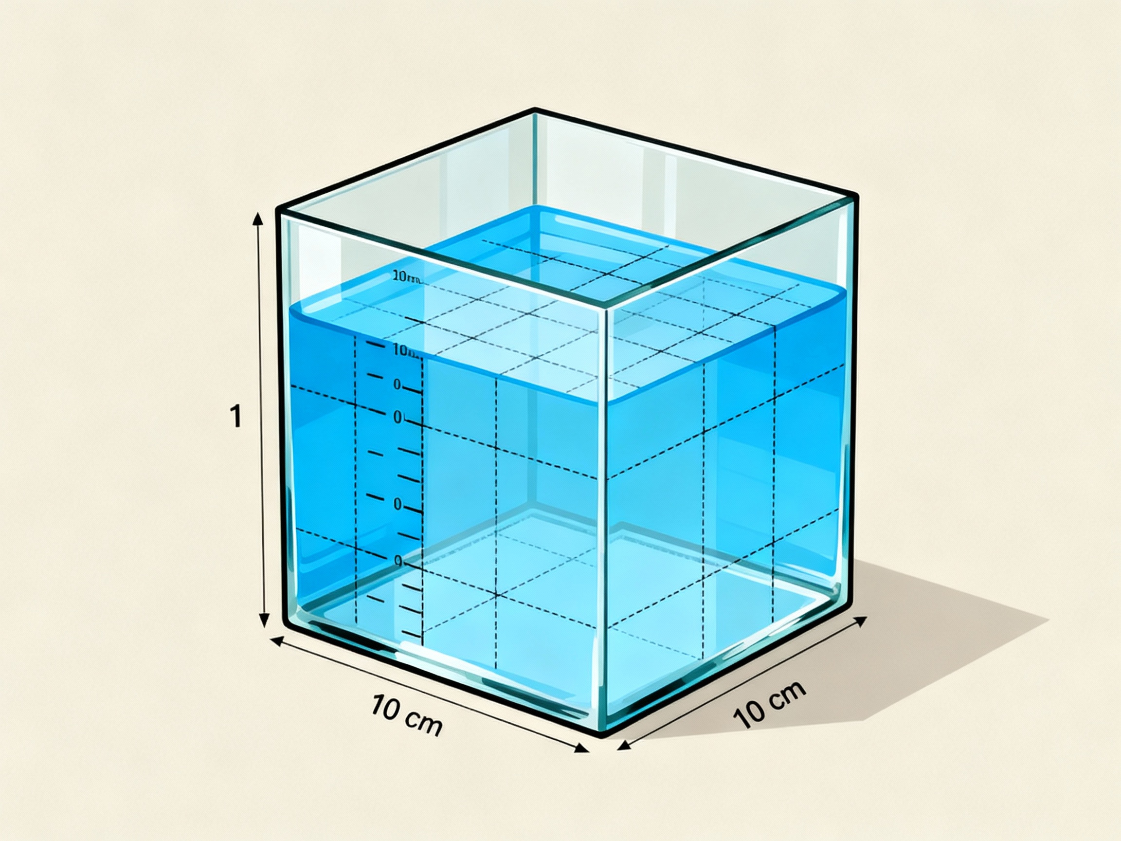 Représentation géométrique du litre comme décimètre cube : cube de 10 centimètres rempli d'eau pure démontrant l'équivalence volume et mesure