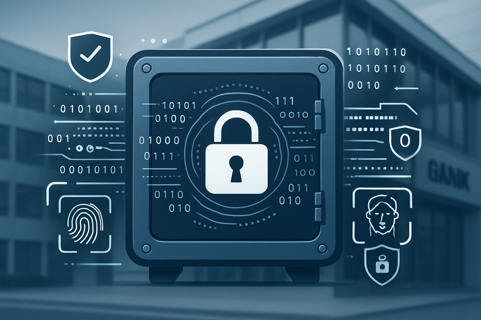 Symbole für Cybersicherheit, AES 256-Bit-Verschlüsselung, Multi-Faktor-Authentifizierung und Schutz sensibler Daten