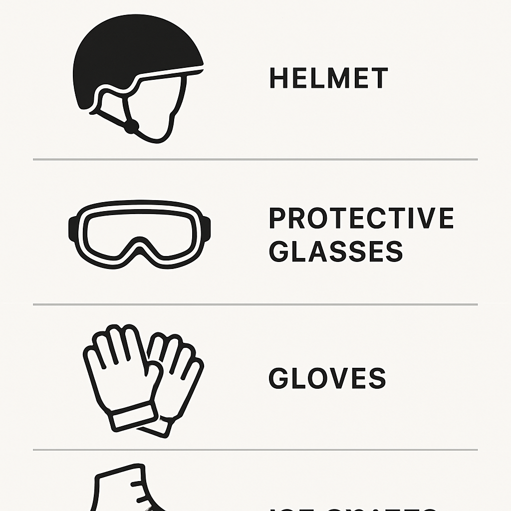 Infographie des équipements de sécurité pour accident patinoire enfant avec casque, gants épais et patins bien ajustés