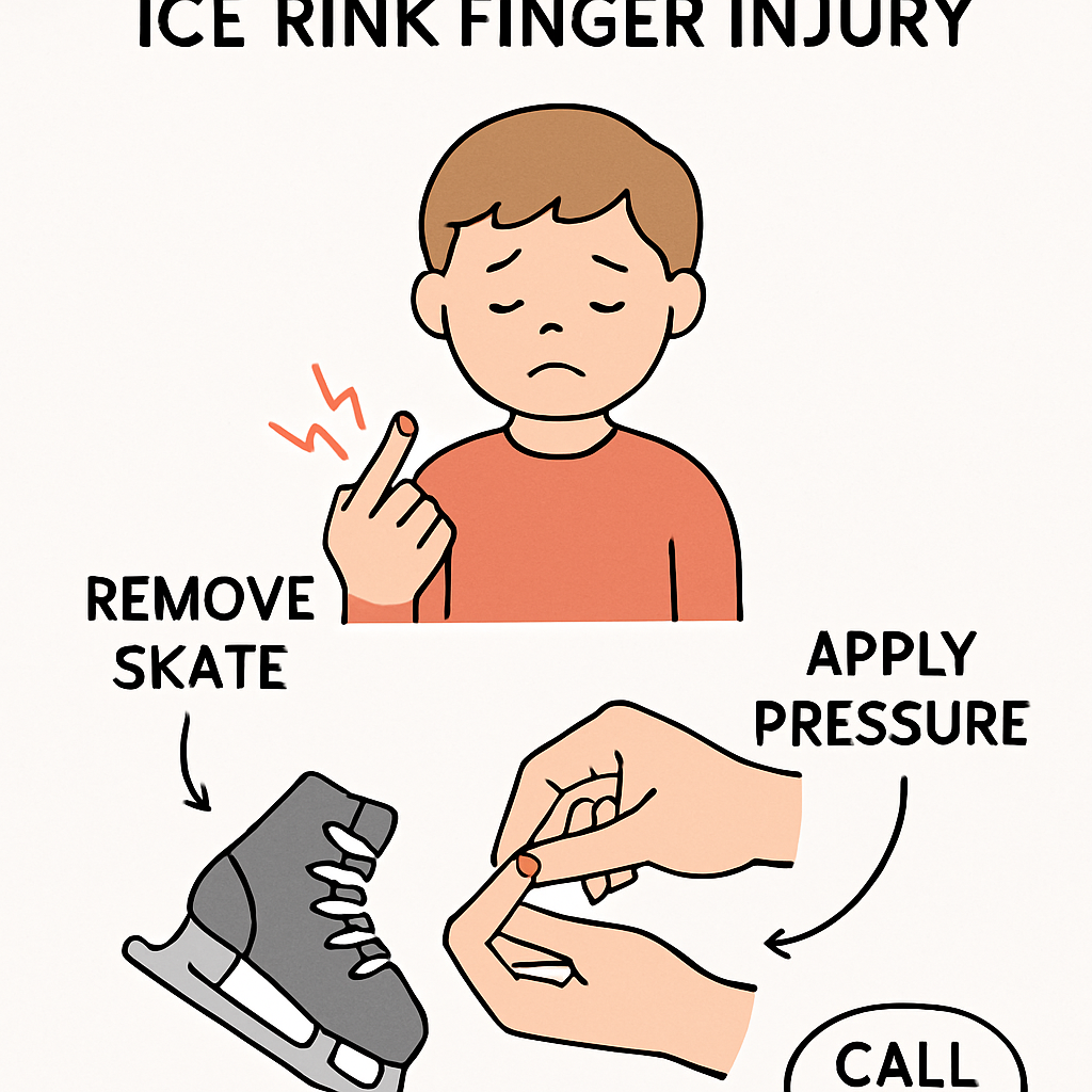 Schéma des premiers secours après accident patinoire enfant avec compression, appel au 15 et conservation du doigt sectionné