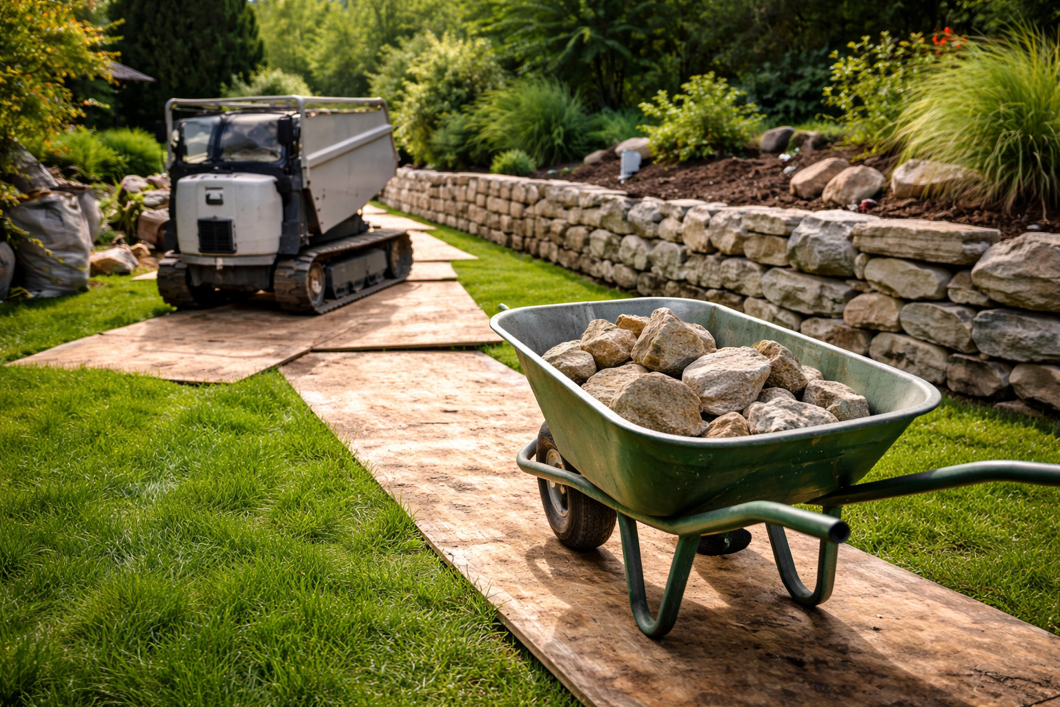 Acheminer des pierres pour un mur de soutènement : l’astuce pour ne pas abîmer sa pelouse