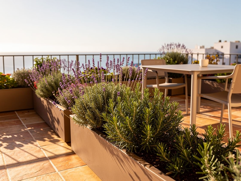 Bacs de lavande et romarin sur une terrasse ensoleillée, solution aromatique contre les moustiques