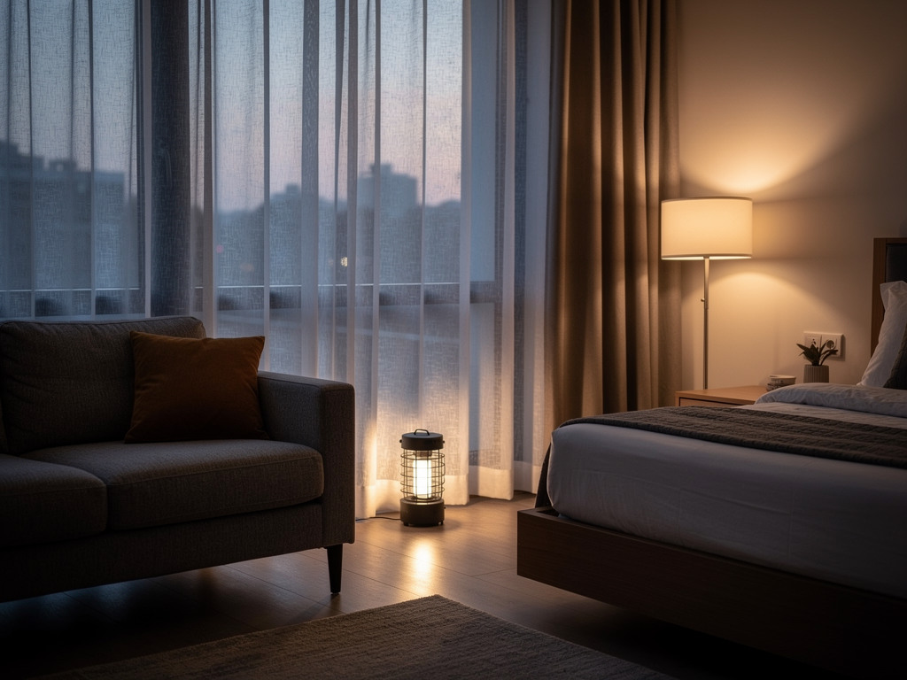 Bon placement d’un piège moustiques maison dans une pièce en soirée