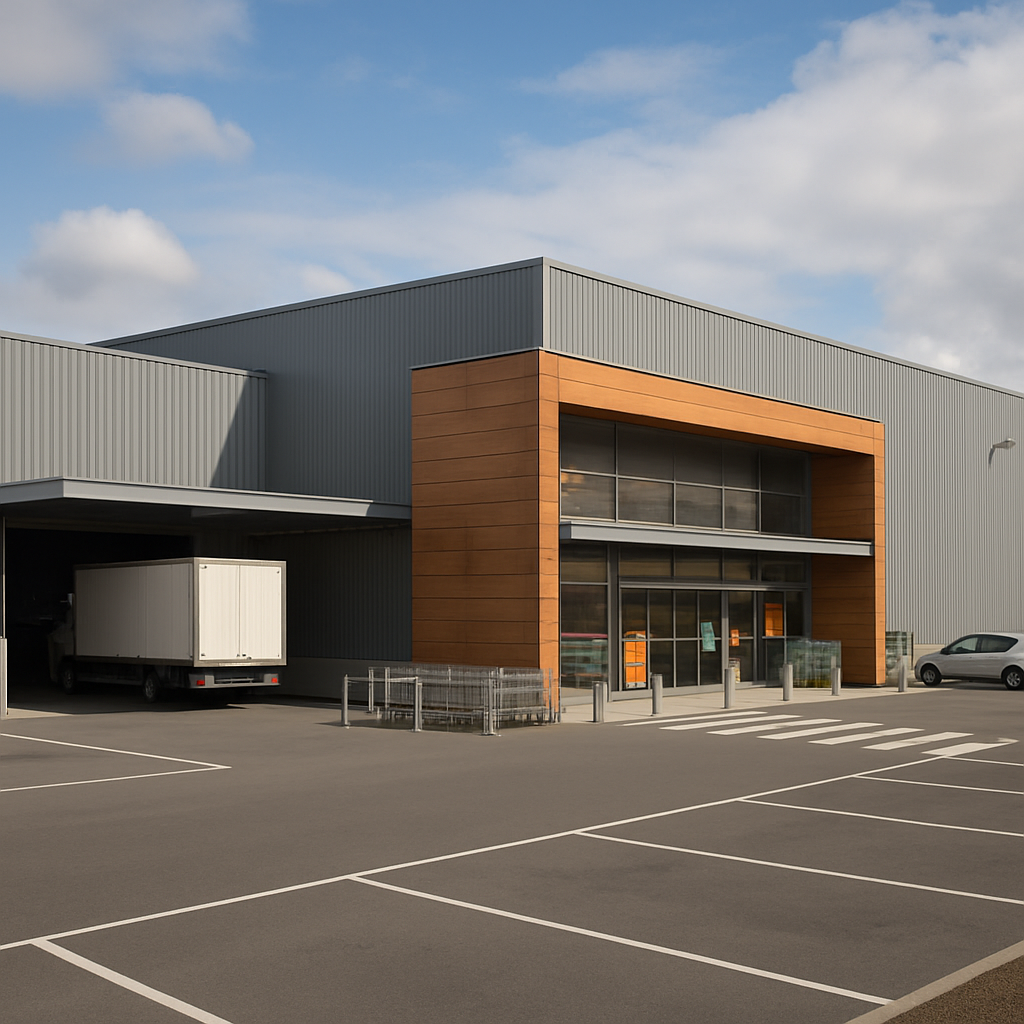 Accès à bricodepot leers dans la zone commerciale avec repères de circulation locale