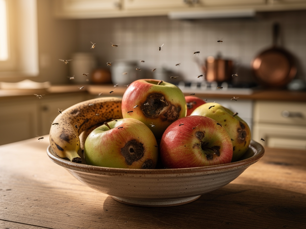 Corbeille de fruits mûrs attirant des moucherons de cuisine autour des zones de fermentation