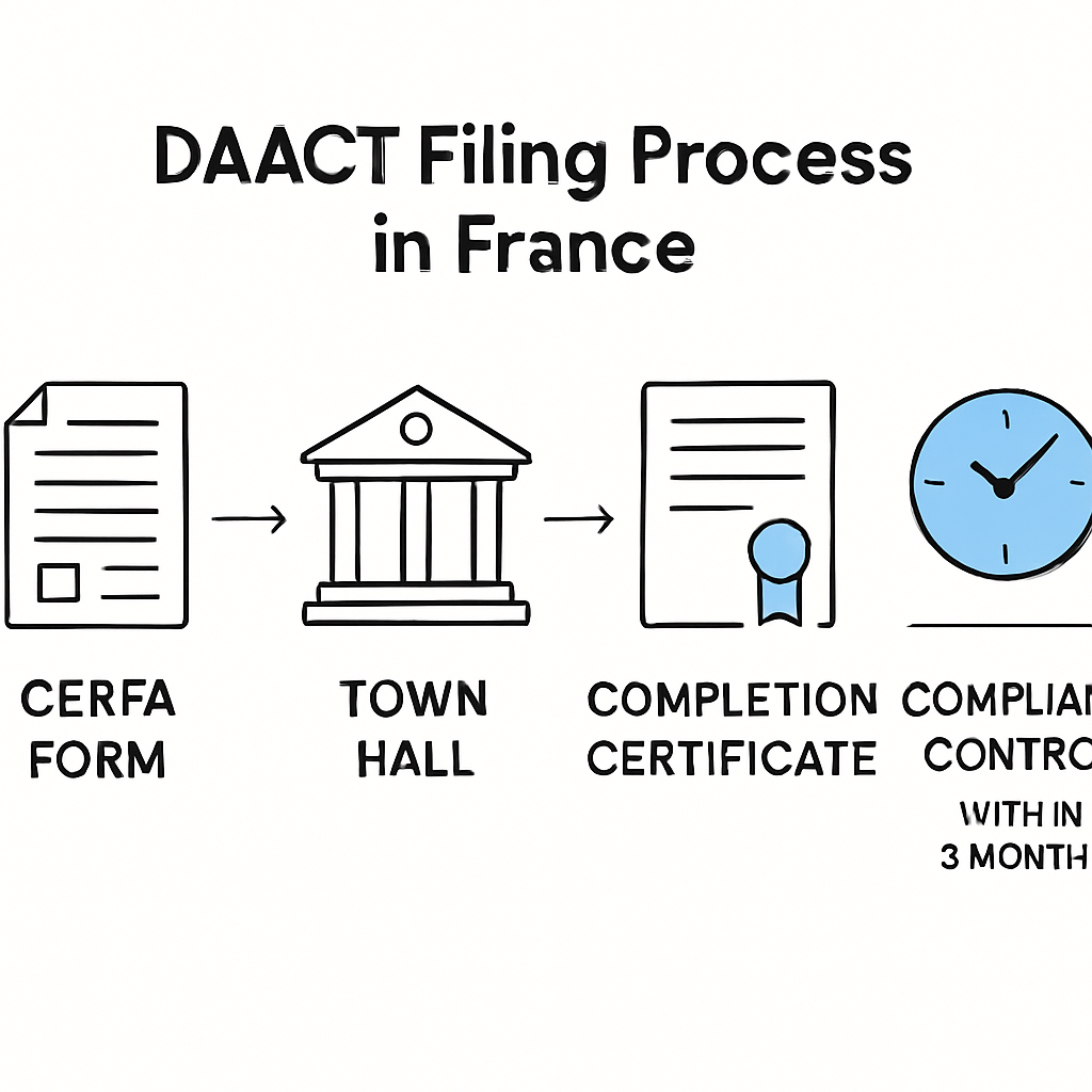 Schéma du dépôt d'une DAACT avec formulaire Cerfa et contrôle de conformité en mairie