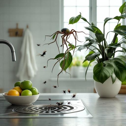 Exemples de moucherons dans la maison en cuisine, dans l’évier et dans les plantes d’intérieur