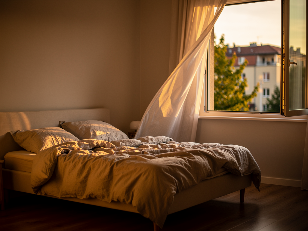 Fenêtre de chambre ouverte en soirée, situation typique où les moustiques entrent dans la maison pendant l'été
