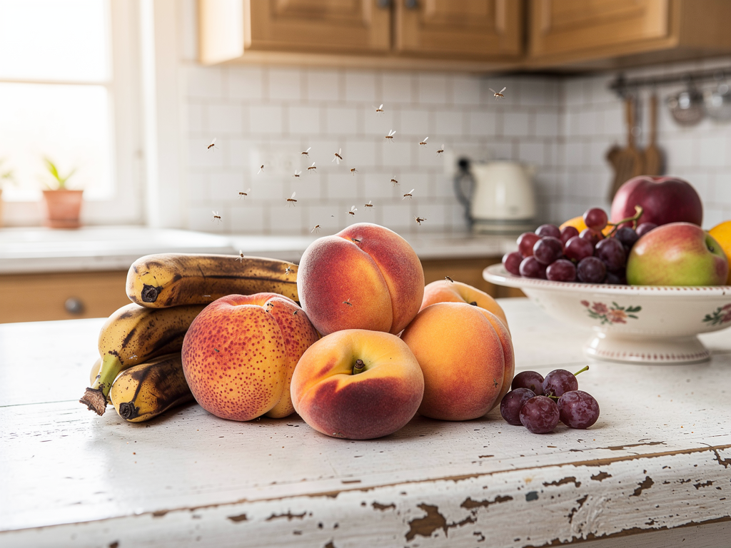 Fruits trop mûrs attirant des moucherons dans une cuisine domestique