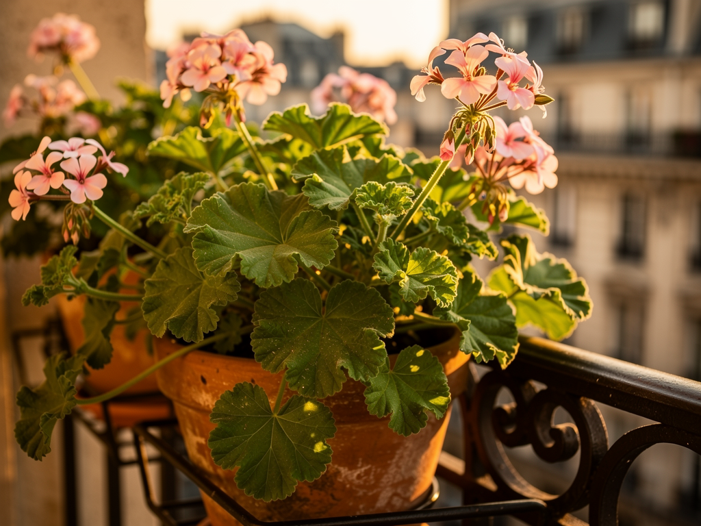 Géranium citronné en pot sur un balcon, une plante aromatique utile contre les moustiques en extérieur