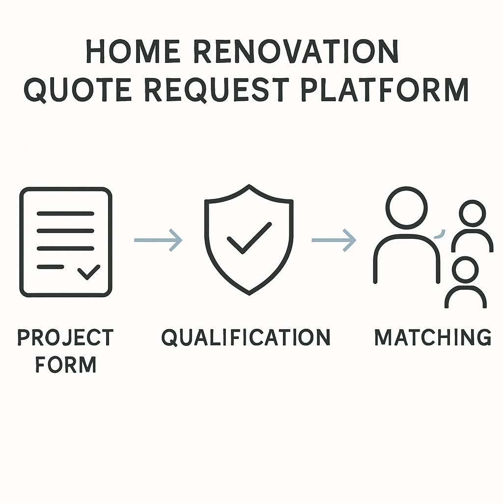 Schéma du parcours de demande de devis sur une plateforme de travaux, avec qualification du projet et mise en relation artisans