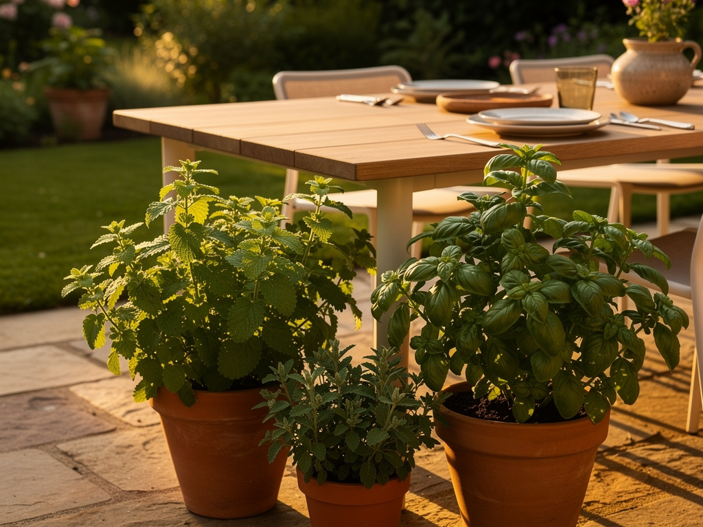 Mélisse et basilic autour d’une table d’été, combinaison utile contre les moustiques sur terrasse