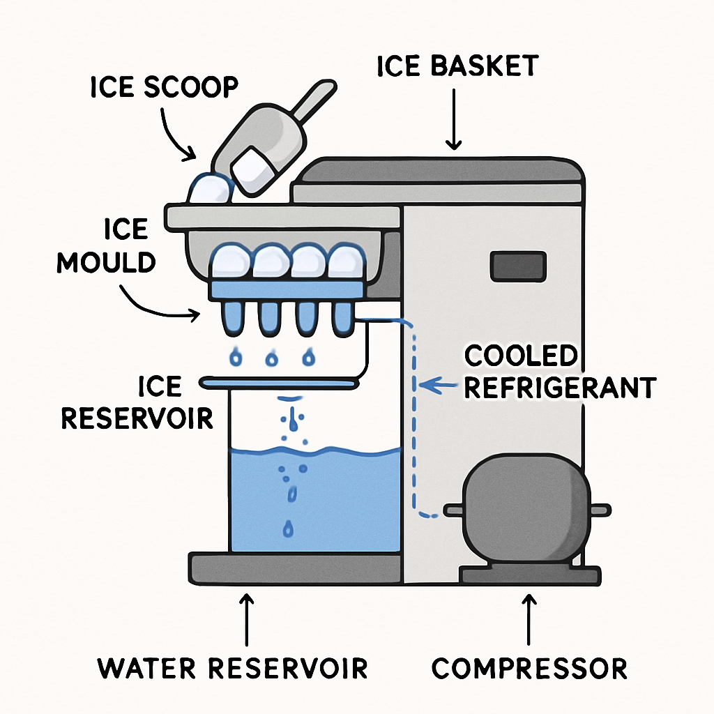 Schéma du fonctionnement d'une machine a glacon avec réservoir, circuit froid et bac de stockage